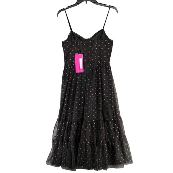 Betsey Johnson Corset Midi Dress 8 Black Lip Print Tulle Mesh Whimsical Romantic - Picture 6 of 15